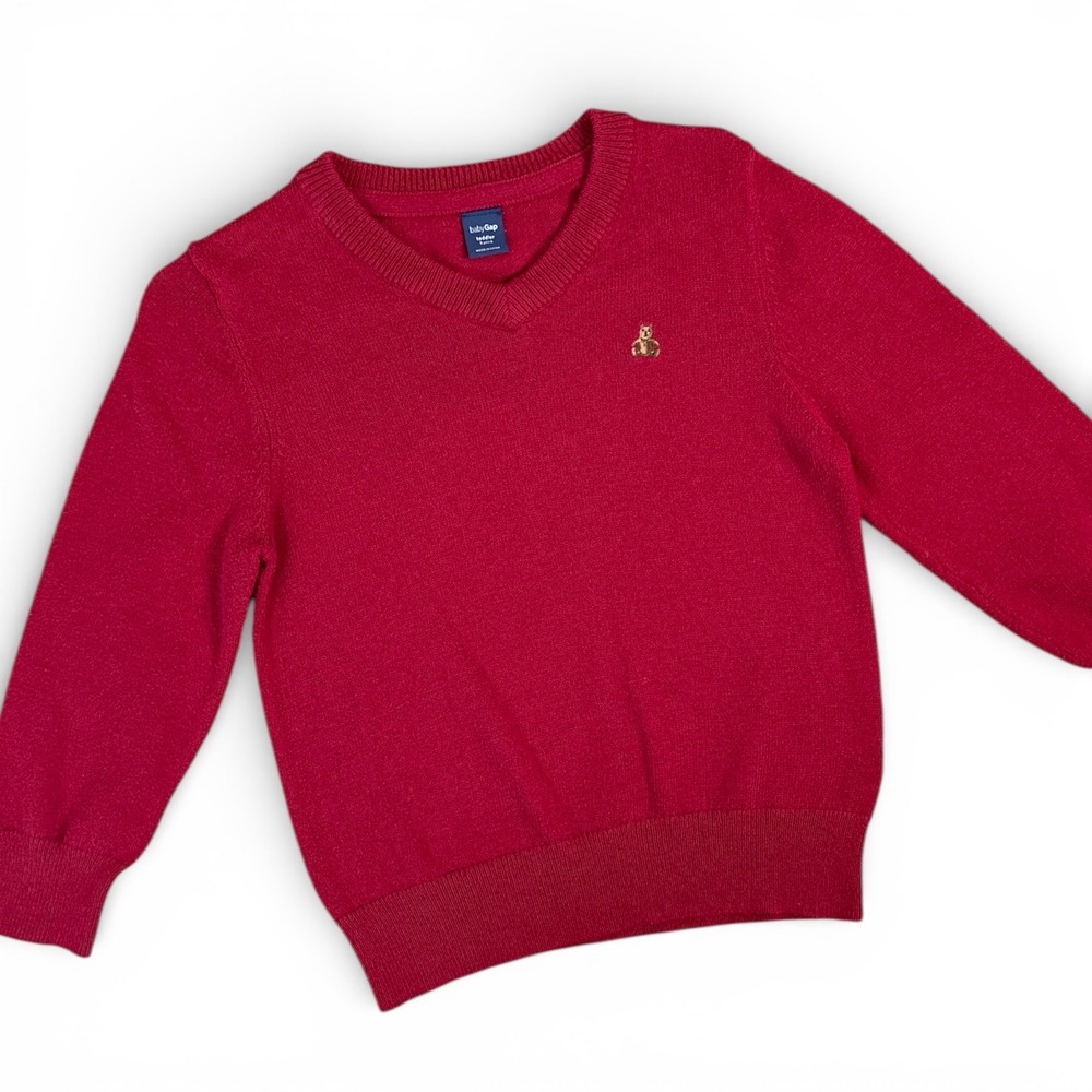 Baby Gap V-Neck Sweater Toddler 3T Red Elbow Patch Brannan Bear Preppy